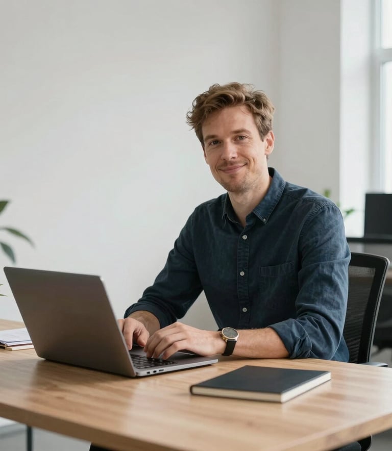 A professional tech expert in a clean, modern Northern European office setting in Tallinn. The individual is wearing smart-casual attire, sitting at a minimalist wooden desk with a high-end laptop, looking towards the camera with a confident and friendly expression. Soft, natural light fills the room, highlighting a clean and organized aesthetic.