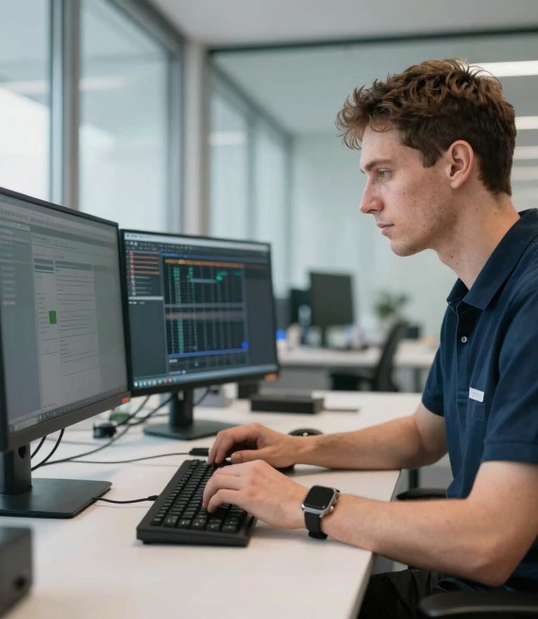 A professional technician in a modern glass-walled office in Estonia, working on a clean dual-monitor setup, natural bright lighting, professional reliability and technical expertise theme.