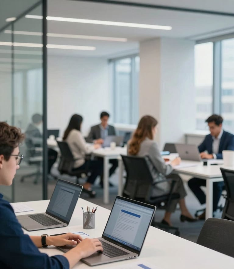 A high-end, minimal office environment in the City of London, featuring glass partitions and professional students engaged in a valuation workshop. The color palette emphasizes #0C1E2B and #A9BCCD with natural, bright lighting.