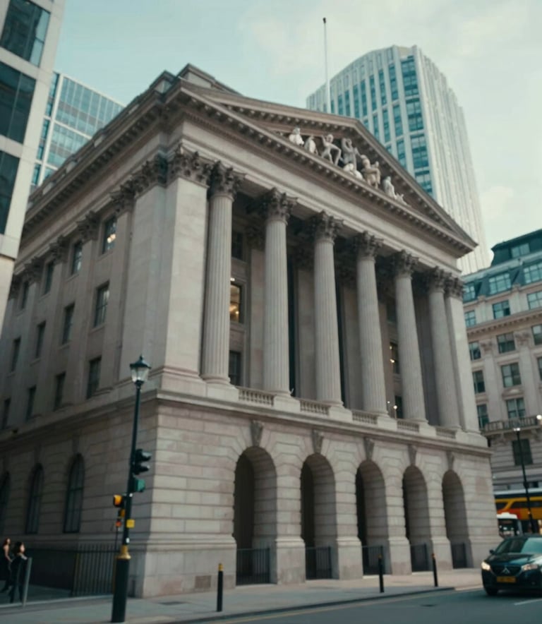 A sophisticated, low-angle photograph of the London Stock Exchange building and surrounding modern architecture. The image uses sharp focus and a professional cool-toned filter with hints of #2F4F6D and #A9BCCD.