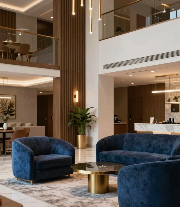 Photography of a luxurious condominium lobby in Brazil. The scene features modern furniture in tones of dark blue and medium blue with sophisticated gold lighting fixtures.