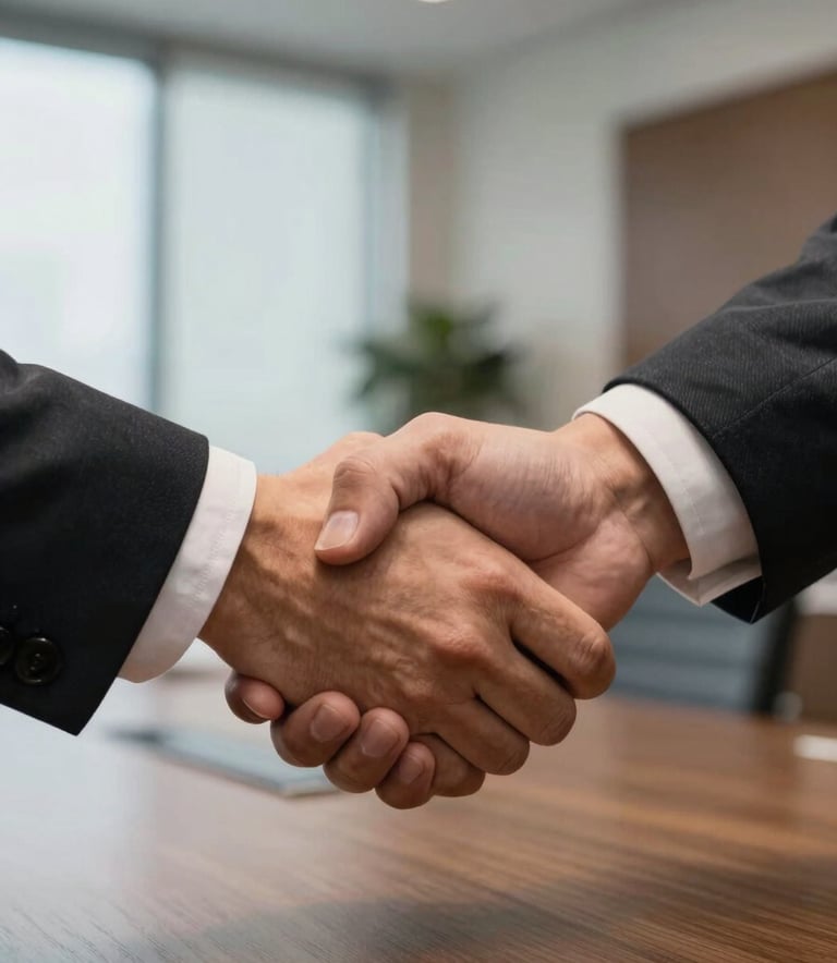A close-up shot of a professional handshake in a modern Brazilian boardroom. Soft natural light highlights the high-quality textures of the suits and the sophisticated office environment.