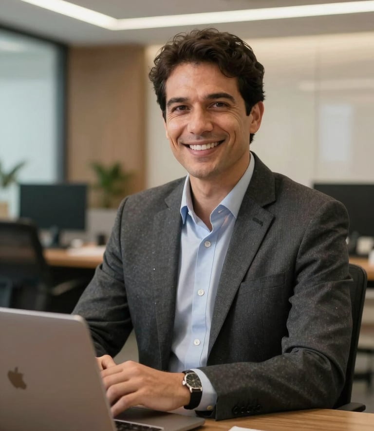 A focused professional in a modern office setting in Brazil, representing trust and management expertise in the real estate sector, warm and clean lighting.