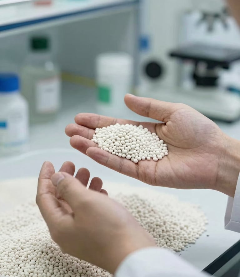 Close-up photography of professional hands inspecting high-grade fertilizer granules in a bright, modern laboratory setting. The atmosphere is clean and professional with Pale Green and Mist White tones, representing scientific expertise in a Global / International context.