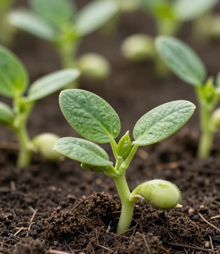 Macro photography of healthy, deep green soybean sprouts emerging from rich, dark fertile soil. The lighting is bright and natural, highlighting the texture of the leaves and the quality of the earth. Professional, clean composition with medium green and light green tones.