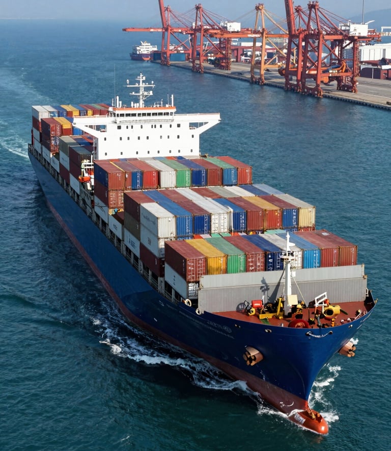 A high-angle professional photograph of a massive container ship loaded with colorful shipping containers navigating a deep blue ocean toward a modern international port. Bright daylight, crisp details, representing global logistics and reliability. Global / International context.