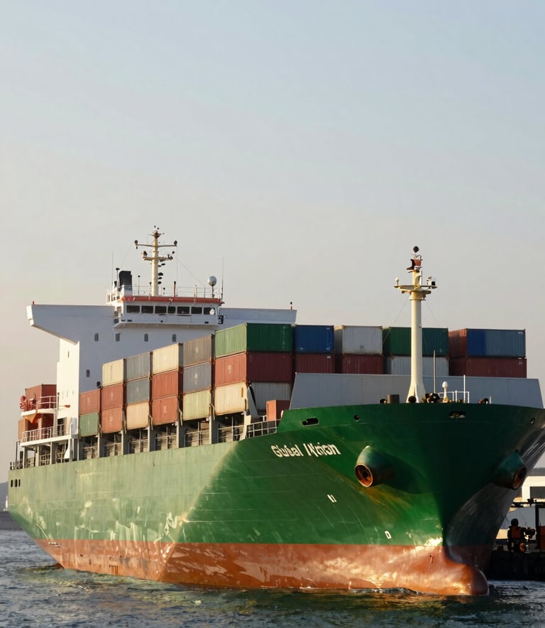 Wide-angle photography of a large cargo ship at a modern industrial port during golden hour. The scene emphasizes global logistics and supply chain strength with Forest Green and Mist White highlights in a Global / International environment.