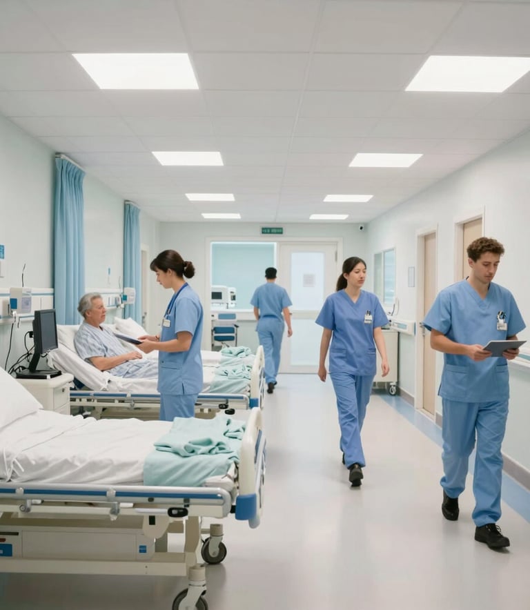 A wide-angle shot of a bright, modern UK hospital ward. The environment is organized and calm, featuring healthcare professionals in uniform moving efficiently through the space. The palette is dominated by soft white and pale blue.