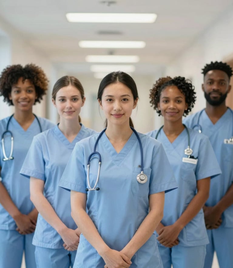 A professional portrait of a diverse team of nurses in light blue uniforms standing in a brightly lit, modern UK hospital corridor, high-quality photography with a shallow depth of field.
