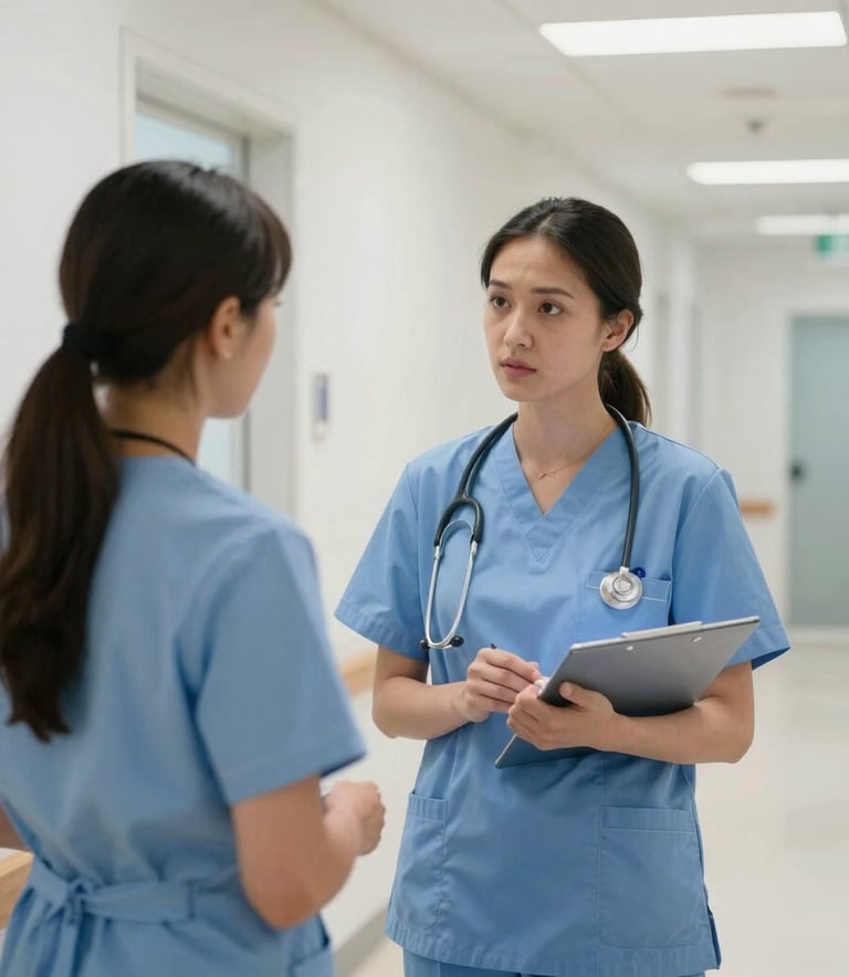 A professional UK / British healthcare setting where a specialist nurse is consulting with a colleague in a bright, modern corridor. The lighting is soft and natural, emphasizing a calm, efficient atmosphere with clean surfaces in soft white and pale blue tones.