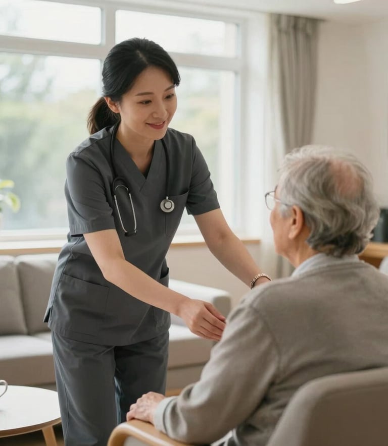 A compassionate healthcare assistant in a charcoal uniform assisting an elderly person in a bright and airy UK care home lounge, soft natural daylight from a large window, professional and clean atmosphere.