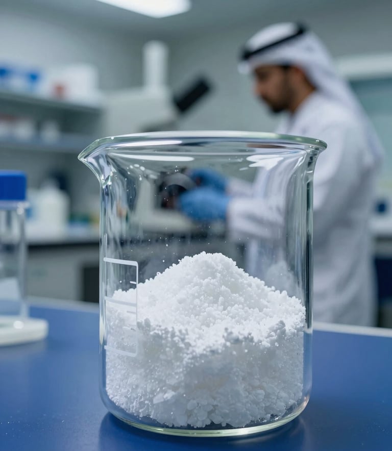 A clean, clinical close-up of high-quality white crystalline Sodium Sulfate inside a glass beaker, set in a professional laboratory with deep ocean blue accents. A specialist in a modern Middle Eastern / Egyptian with Global Reach facility is visible in the background, out of focus.