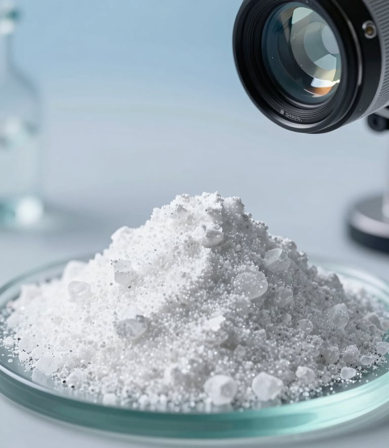 Close-up of high-purity white crystalline Aluminum Sulfate powder on laboratory glass, professional lighting highlighting texture, against a Pale Sky Blue background.