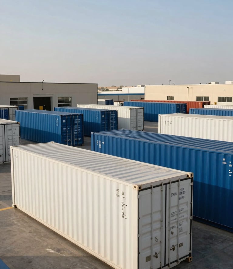 An exterior wide shot of a clean, modern logistics and distribution center in Cairo, Egypt. Large shipping containers in soft pearl white and deep ocean blue are being organized under clear skies, reflecting a Middle Eastern / Egyptian with Global Reach industrial hub.