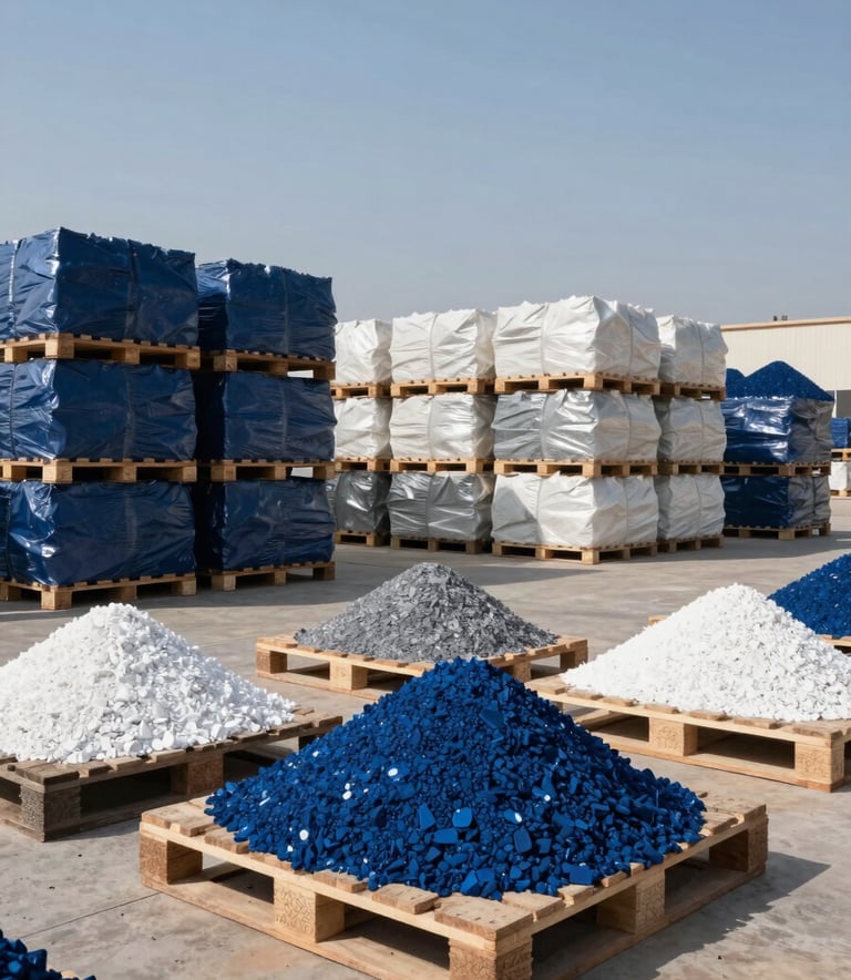 A wide shot of an organized industrial warehouse in a Middle Eastern / Egyptian with Global Reach industrial zone, featuring stacked pallets of raw minerals under cool, clear daylight. The scene uses tones of Deep Ocean Blue and Cool Off-white.
