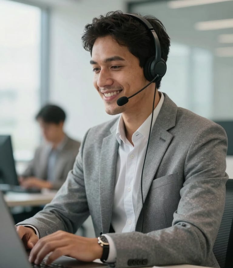 A professional South American person working in a bright, modern office with a headset, focused and friendly expression, clean lines, professional business attire, natural lighting.