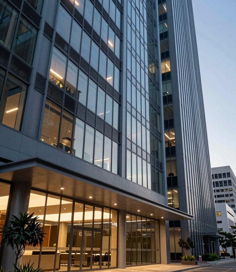 Fotografia profissional do interior de um moderno edifício corporativo em uma capital brasileira, com paredes de vidro, luz natural abundante e detalhes decorativos em azul aço, transmitindo estabilidade e inovação.