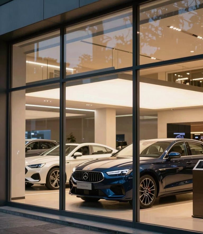 A sophisticated automotive showroom in Brazil seen through a modern glass window, soft warm lighting, professional atmosphere, platinum and navy blue accents.