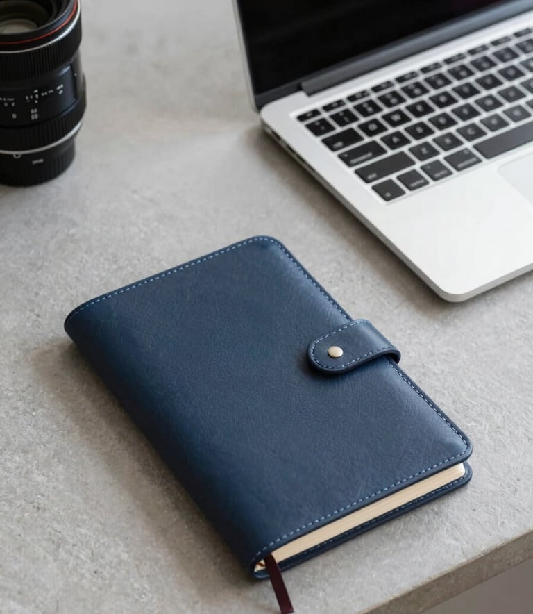 A clean, minimalist workspace in a Global / International city, featuring a laptop and a leather-bound notebook on a slate grey desk, bright natural lighting, sophisticated feel, incorporating deep charcoal blue and off-white azure accents.