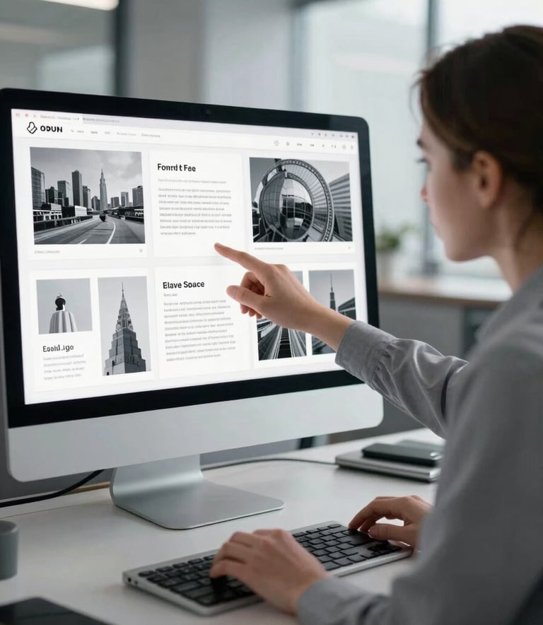 A professional in a modern Global / International office setting, reviewing high-quality editorial layouts on a large monitor, soft silver grey and slate grey color palette, premium photography style with sharp focus.