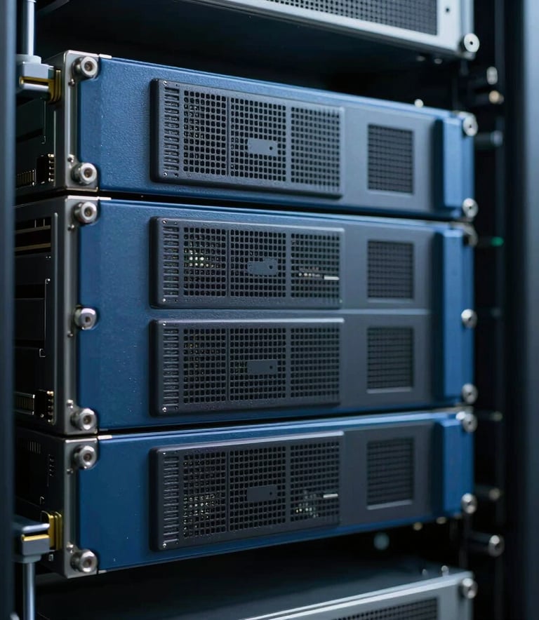 A close-up photograph of high-end server hardware in a data center with blue and dark gray accents, Global / International setting, professional and technical atmosphere.