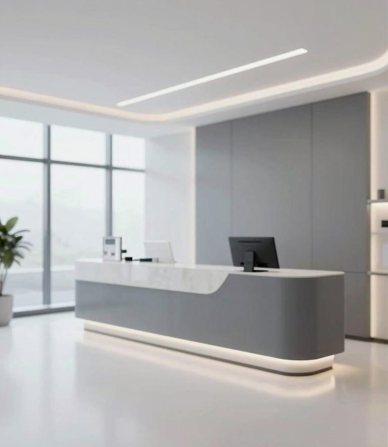 A wide shot of a modern, clean, and luxurious dental clinic reception area. Features minimalist furniture in #4A6572, bright lighting, and an atmosphere of professional care and comfort.