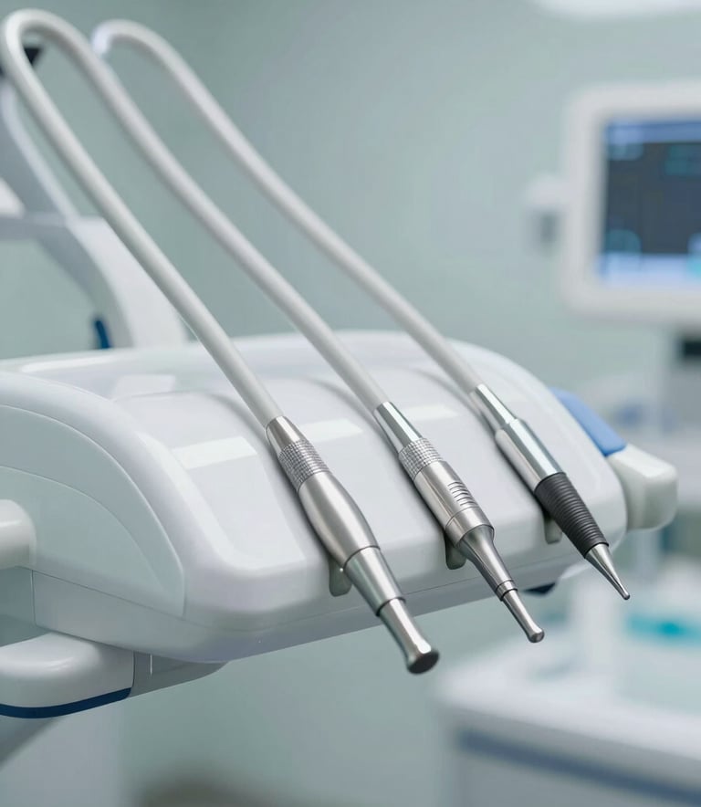 A close-up shot of professional dental equipment in a sterile environment. The lighting is bright and clean, reflecting off metallic instruments and high-tech surfaces. The color palette includes #9DC3C2 and whites, conveying advanced medical expertise and a modern trustworthy aesthetic.