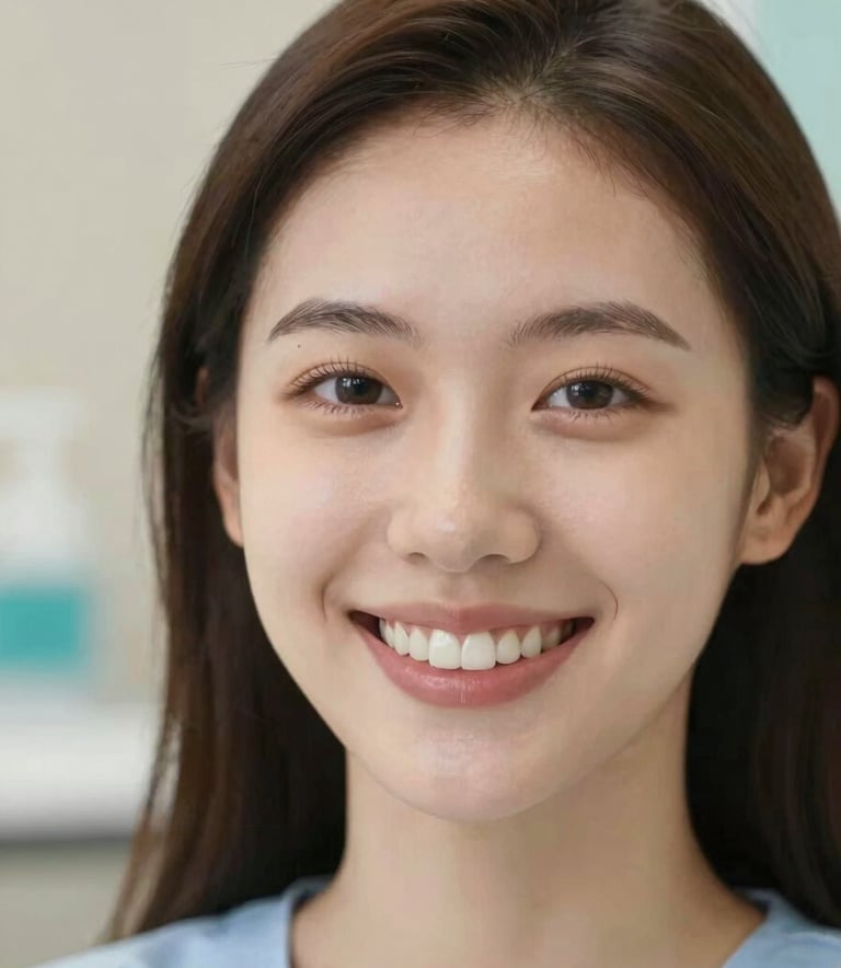 A close-up, professional photograph of a happy patient with a bright, natural smile. The lighting is soft and warm, reflecting a high-end dental clinic atmosphere. Subtle background colors include #F8FDFE and #9DC3C2.
