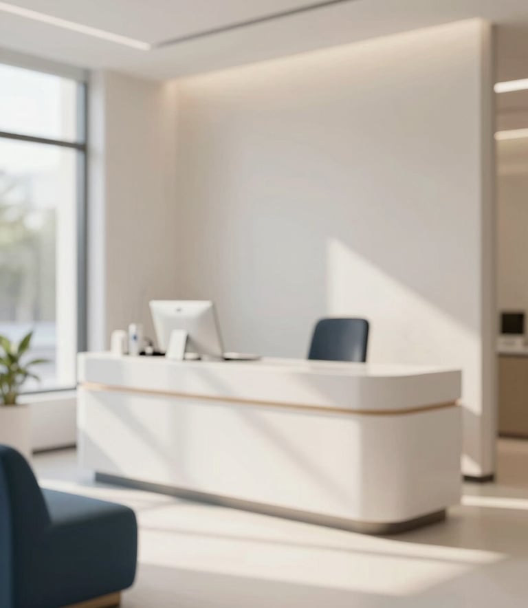A bright and welcoming dental clinic reception area. The design is modern and sophisticated, featuring clean lines, a minimalist desk, and comfortable seating in shades of #2C3E50 and #F8FDFE. Soft sunlight fills the room, emphasizing credibility and comfort.