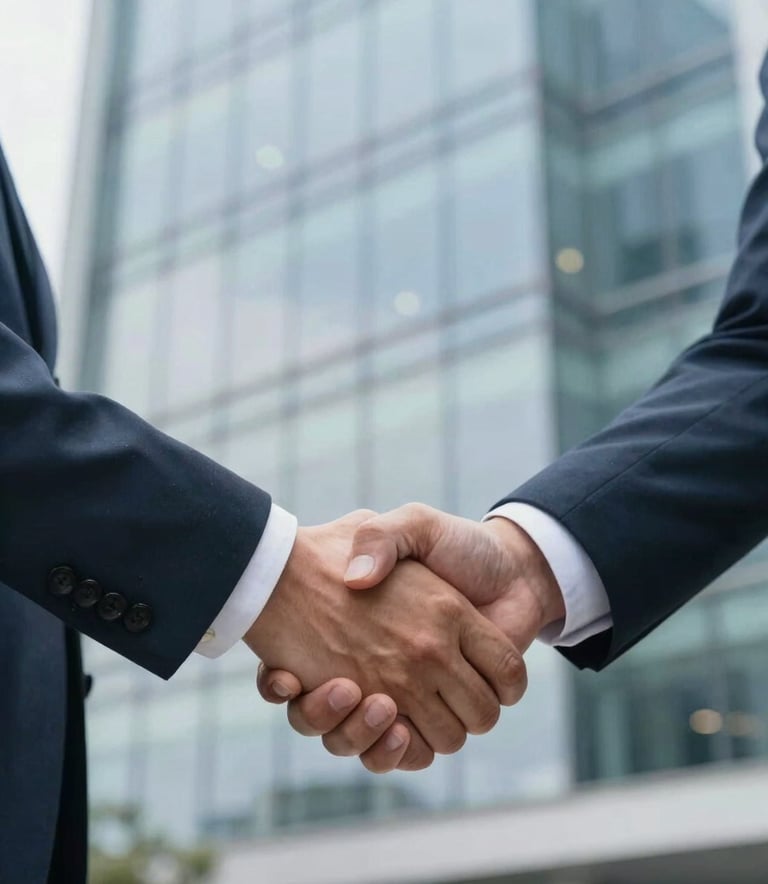 A close-up of two professionals in a North American / US corporate office shaking hands firmly, soft focus on a modern glass-walled background, incorporating slate blue and cloud white tones.