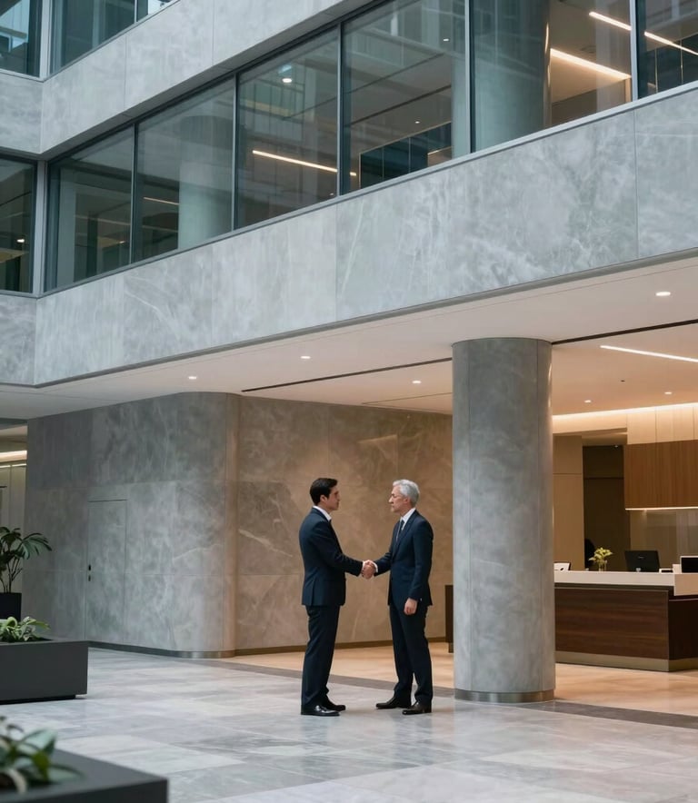 A sophisticated lobby of a North American / US corporate headquarters. The design is modern with clean lines, featuring Ocean Slate and Mist Gray architectural elements. Two professionals are seen shaking hands in the background.