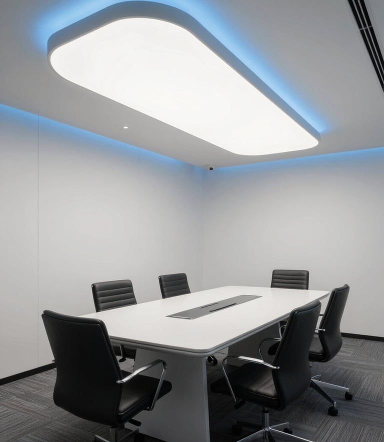 A sleek, modern North American / US office conference room with clean architectural lines, featuring cloud white surfaces and soft blue lighting accents.