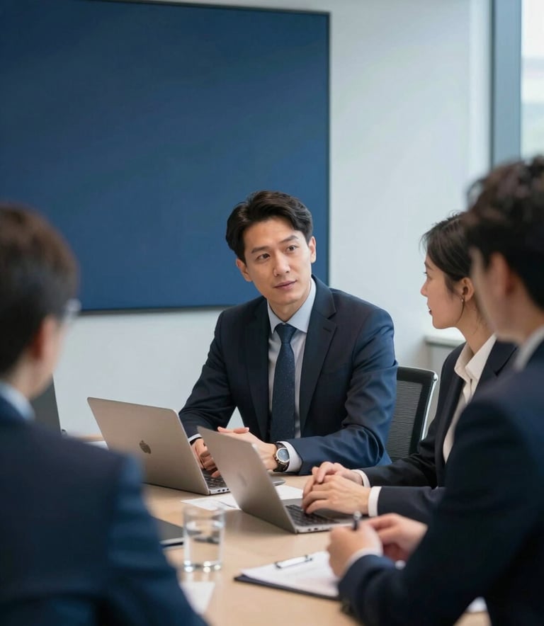 A focused professional in a modern North American / US boardroom environment, engaged in a collaborative discussion. The lighting is bright and airy, with interior accents in Deep Midnight Blue and Mist Gray. Professional corporate setting.