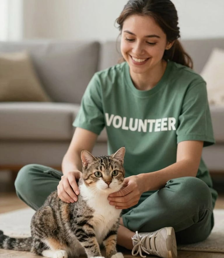 A dedicated foster care volunteer sitting on the floor, smiling warmly while playing with a rescued cat, creating a hopeful atmosphere, using tones of #2E473C and #5C7B6C.