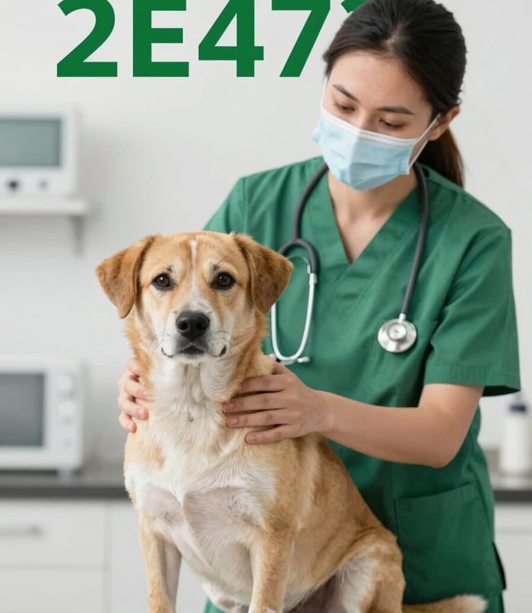 A compassionate veterinary professional gently examining a rescued dog, looking trustworthy and caring, incorporating brand colors #2E473C, #5C7B6C, #A4BBAA, #F4F6F4.