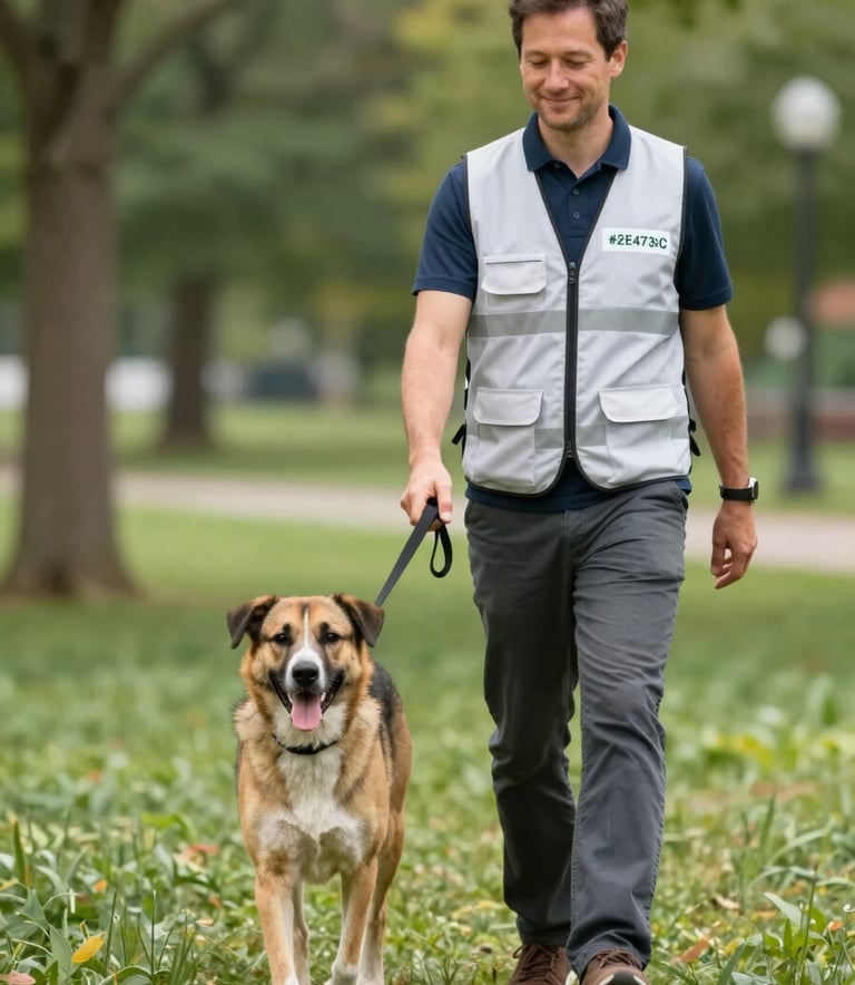 A dedicated volunteer wearing a #2E473C colored vest walking a happy rescue dog through a lush Michigan park. The composition is clean and professional, using high-quality lighting to create an inviting atmosphere of community engagement.