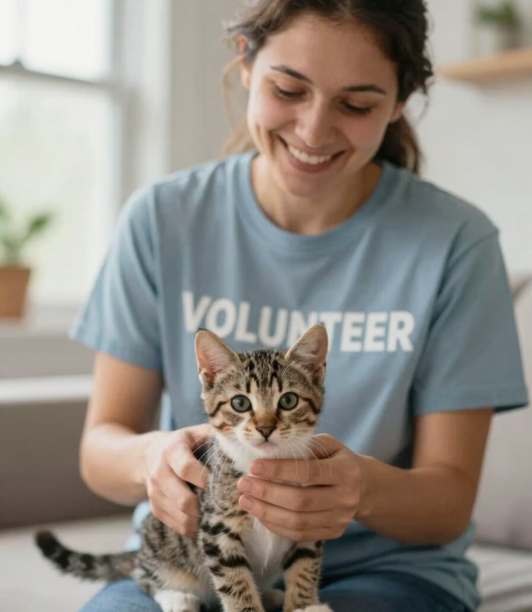 A warm, hopeful scene of a volunteer in a #5C7B6C colored shirt gently playing with a small foster kitten in a bright Michigan home. Soft, natural lighting from a nearby window, professional photography style, incorporating the brand's compassionate and trustworthy mood.