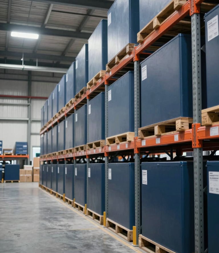A high-tech, organized warehouse interior in a North American / Global Turkish logistics hub, showing high ceilings and clean shelves. The atmosphere is efficient and professional, with a color palette of Dark Slate Blue and Muted Blue-Grey.