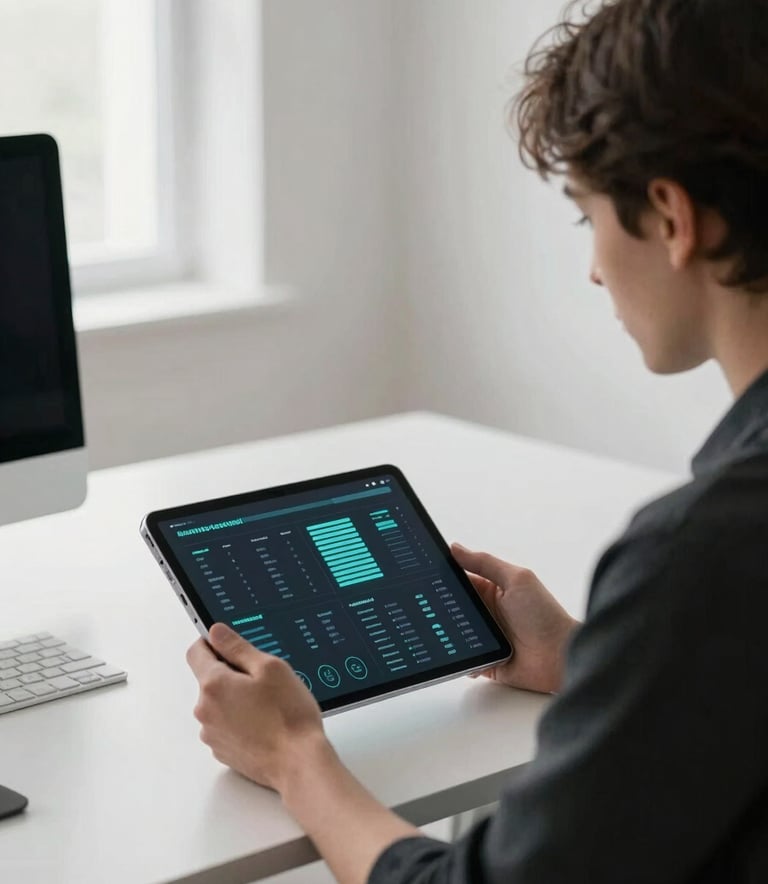 A focused professional in a minimalist, bright office using a sleek, transparent tablet displaying light teal data visualizations. Global / Modern setting with soft natural light and subtle tech accents.