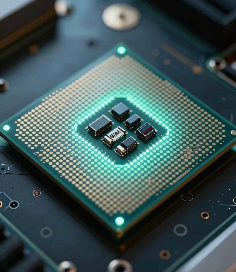 A close-up photograph of a futuristic processor unit glowing with soft teal light on a dark glass surface, embodying high-tech precision, Global / Modern.