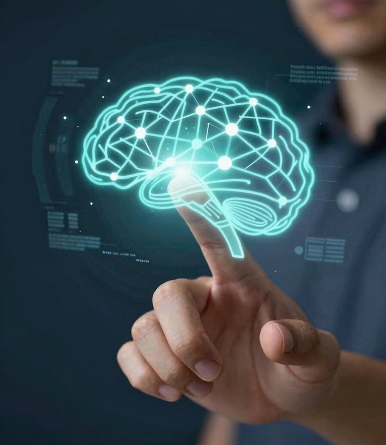 Close-up of a hand interacting with a floating holographic interface representing a neural network. Lighting is a mix of dark blue and light teal. Global / Modern professional environment.