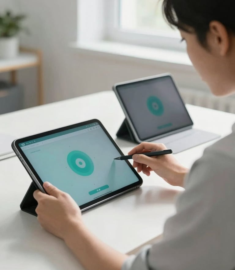 A focused learner in a bright, modern studio using high-tech tablets and digital tools, bathed in natural light and soft teal accents, Global / Modern.