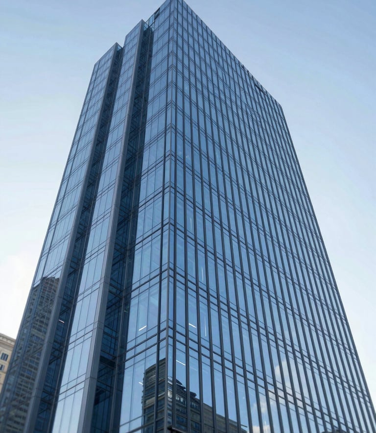 A low-angle shot of a modern, geometric glass skyscraper reflecting a clear sky, symbolizing high-level vision and corporate transparency. Incorporates shades of #3A506B and #8DA9C4. Sharp architectural lines, professional and sophisticated atmosphere.