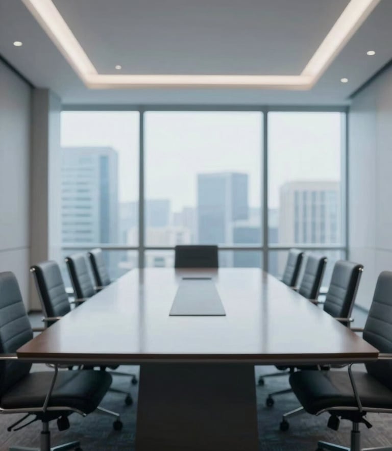 A sophisticated wide-angle photograph of a modern, minimalist boardroom. The room features a long polished table reflecting soft overhead lighting. Large windows show a hint of a corporate skyline. The color palette emphasizes #8DA9C4 and #E0E8F0, creating a sense of clarity, expertise, and refined professionalism.