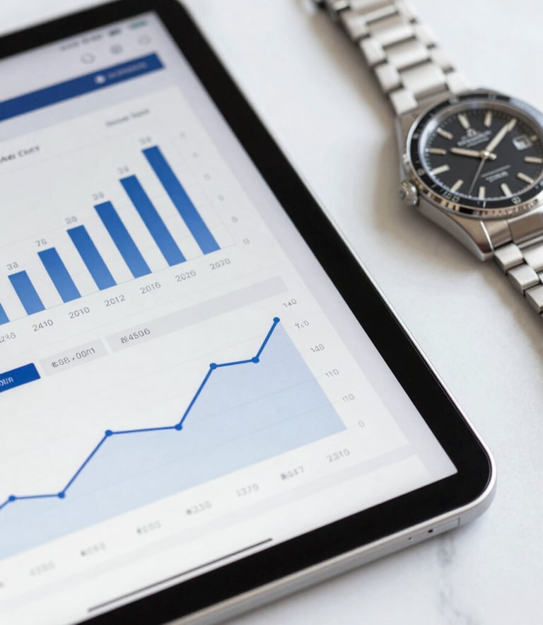 A close-up of a tablet showing growth charts and financial data on a white marble surface next to a high-end watch. Professional and detail-oriented. Uses #3A506B and #8DA9C4 tones for the data visuals.