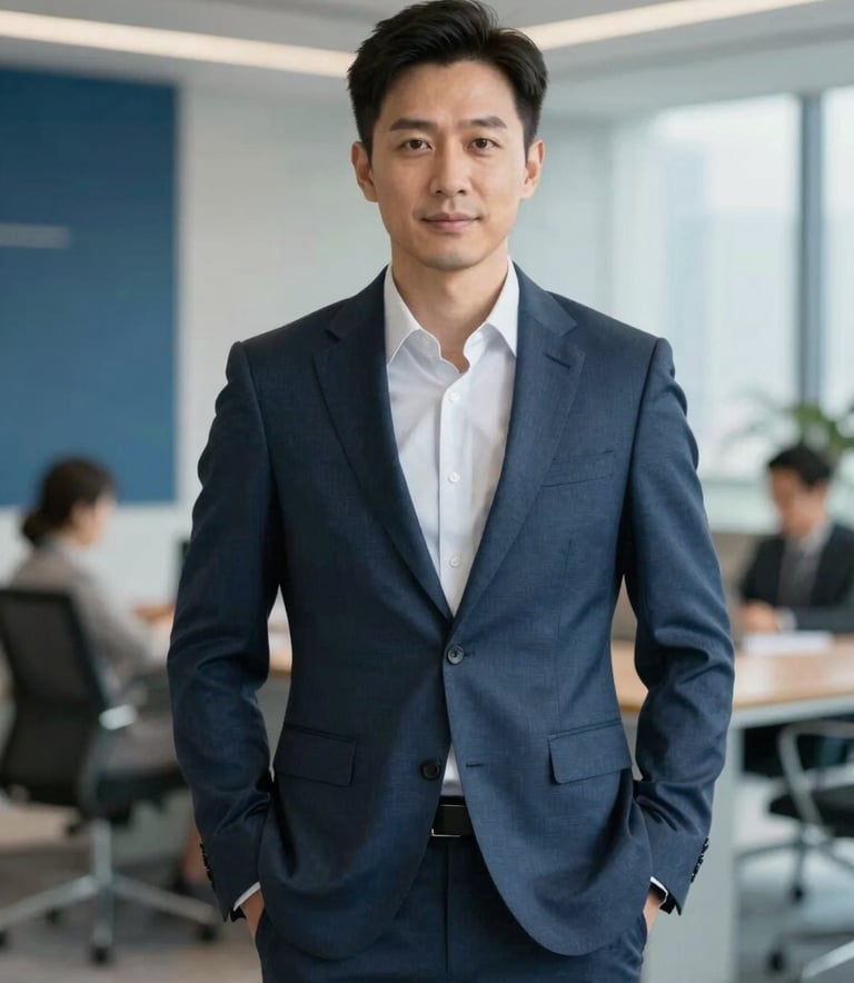 A professional portrait of a confident entrepreneur standing in a modern office. They are wearing a sharp suit in #0F1C2E. The background is slightly out of focus, showing a sleek architectural workspace with #3A506B accents. The lighting is soft and natural, conveying trustworthiness and vision.
