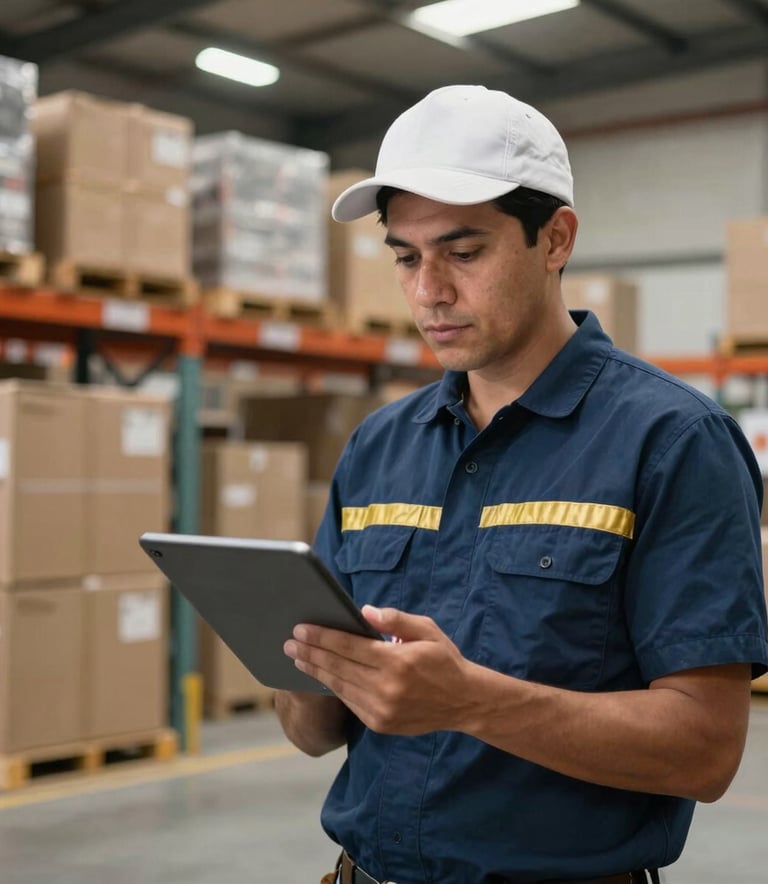 Detailed photography of a logistics professional in a South American warehouse setting, holding a tablet and overseeing loading operations. The background shows a modern, organized distribution center with professional lighting and hints of navy blue and gold brand colors.