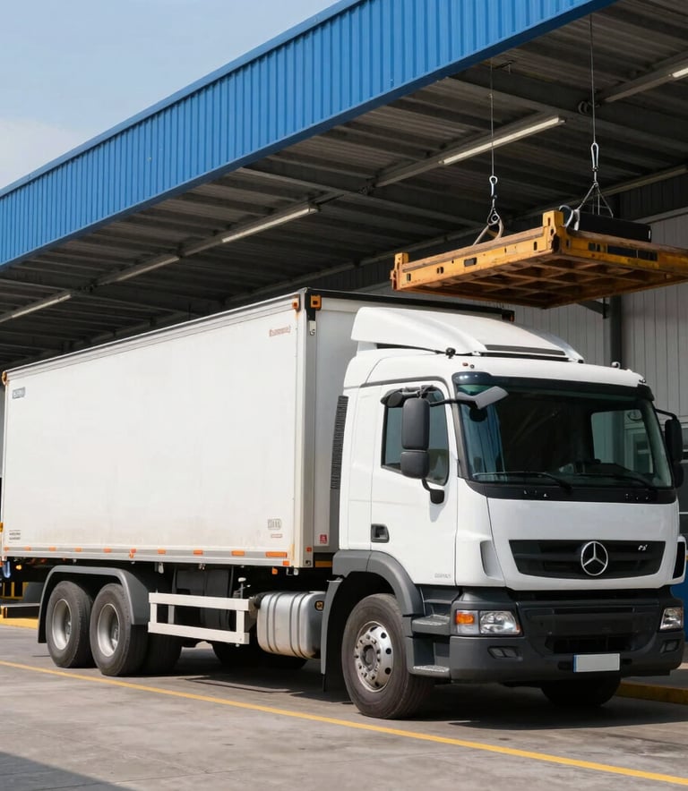 Professional photography of a cargo truck being loaded at a clean, modern logistics terminal in Brazil, bright daylight, steel blue and white accents, efficient industrial setting.