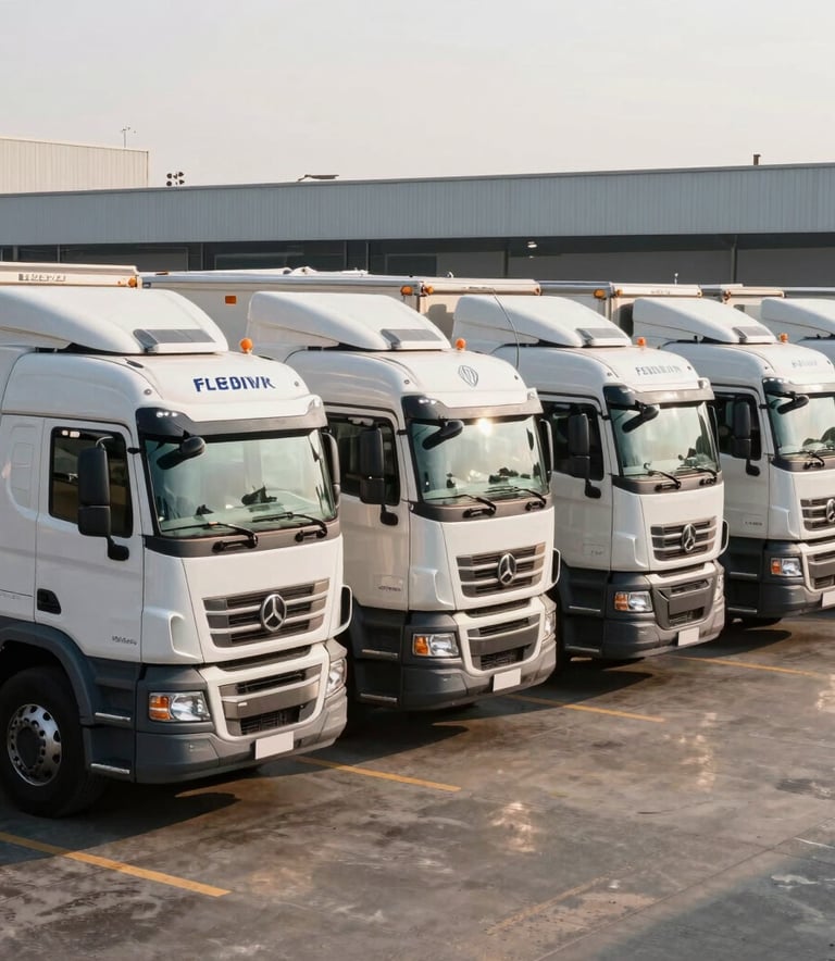 A professional photo of a fleet of freight trucks in a clean, industrial South American lot. The lighting is crisp morning sun, highlighting the modern design and cleanliness of the vehicles, reflecting corporate efficiency.