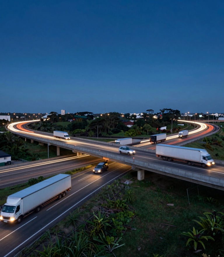 A wide-angle photography shot of a modern highway interchange in Brazil during dusk, with trails of lights from passing trucks, clean composition, professional logistics atmosphere with deep navy and steel blue sky.